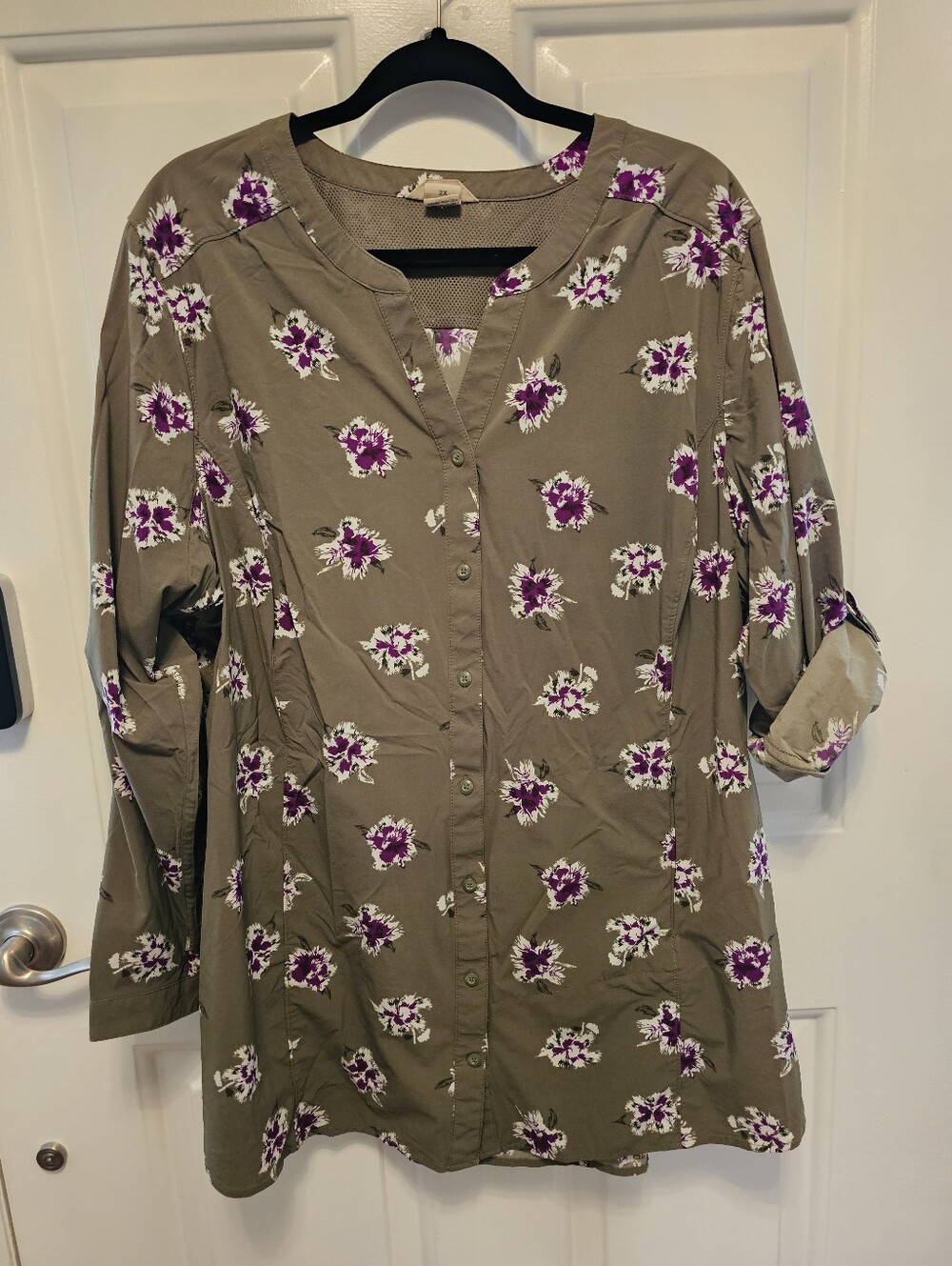 Duluth Trading CompanyFloral Button-Front Women's Top - Oliv with Purple Flowers